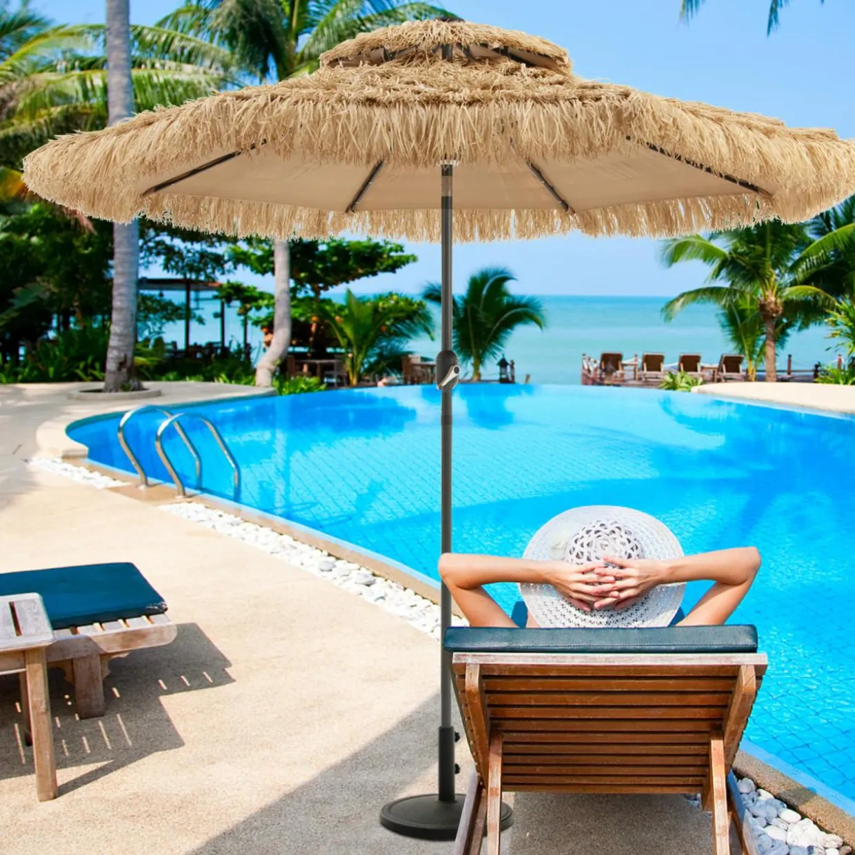 Tangkula 9 ft Thatched Patio Umbrella, 2 Tier Hawaiian Style Grass Beach Umbrella with 32 Led Lights