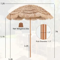 Tangkula 7.2 FT Thatched Patio Umbrella, Hawaiian Style Grass Beach Umbrella with Tilt Adjustment