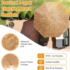 Tangkula 8 FT Thatched Patio Umbrella, Hawaiian Style Grass Beach Umbrella with 8 Ribs