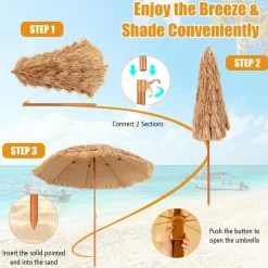 Tangkula 8 FT Thatched Patio Umbrella, Hawaiian Style Grass Beach Umbrella with 8 Ribs