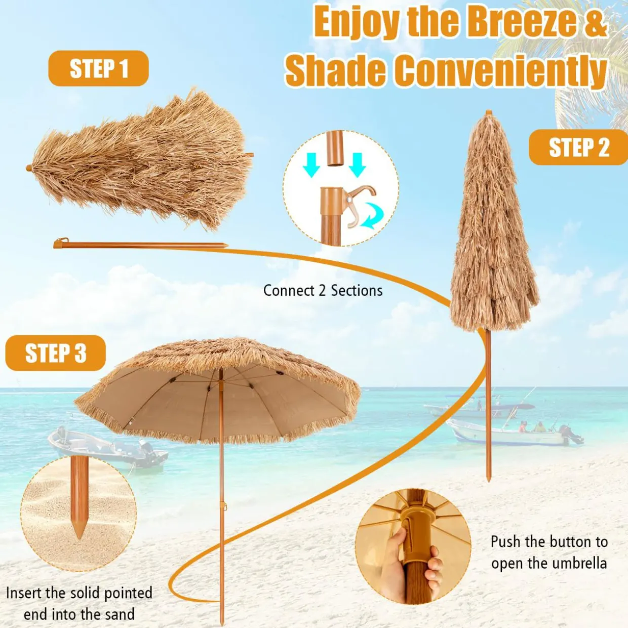 Tangkula 8 FT Thatched Patio Umbrella, Hawaiian Style Grass Beach Umbrella with 8 Ribs