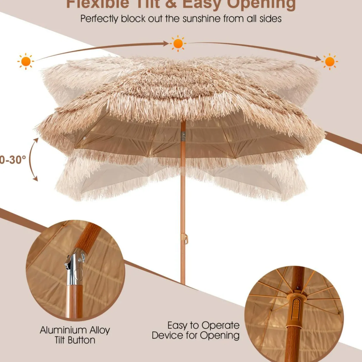 Tangkula 7.2 FT Thatched Patio Umbrella, Hawaiian Style Grass Beach Umbrella with Tilt Adjustment