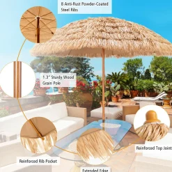 Tangkula 8 FT Thatched Patio Umbrella, Hawaiian Style Grass Beach Umbrella with 8 Ribs