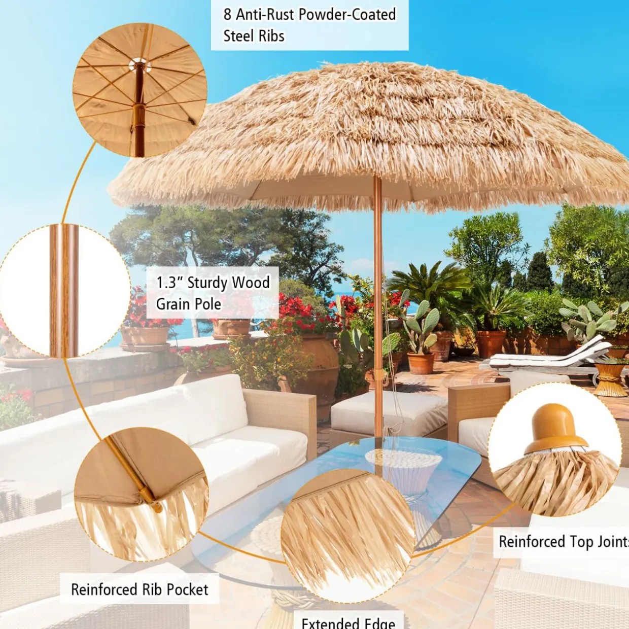 Tangkula 8 FT Thatched Patio Umbrella, Hawaiian Style Grass Beach Umbrella with 8 Ribs