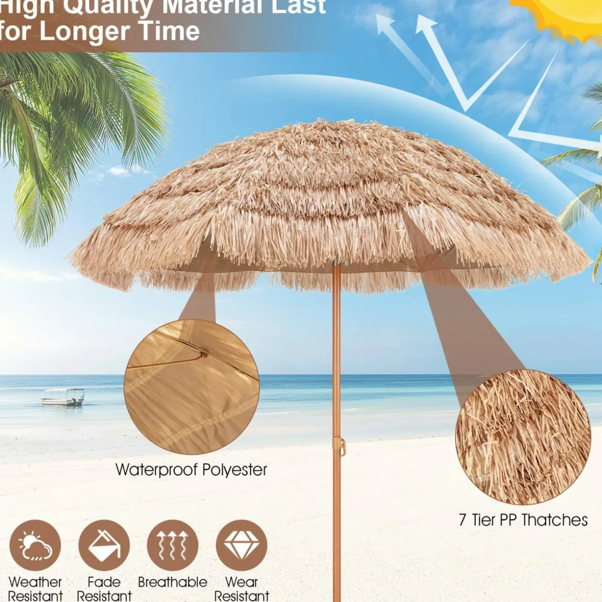Tangkula 7.2 FT Thatched Patio Umbrella, Hawaiian Style Grass Beach Umbrella with Tilt Adjustment