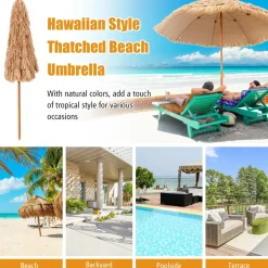 Tangkula 8 FT Thatched Patio Umbrella, Hawaiian Style Grass Beach Umbrella with 8 Ribs