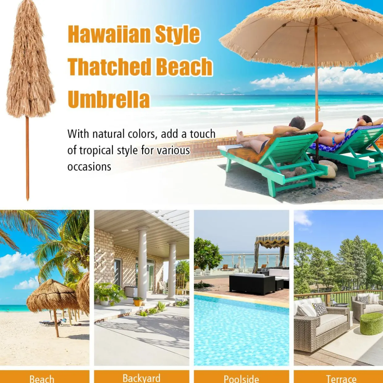 Tangkula 8 FT Thatched Patio Umbrella, Hawaiian Style Grass Beach Umbrella with 8 Ribs