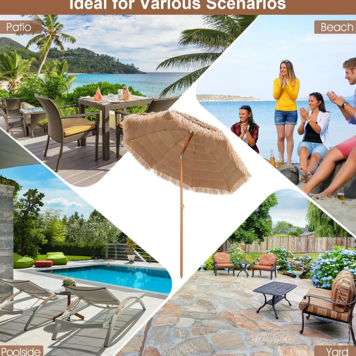 Tangkula 7.2 FT Thatched Patio Umbrella, Hawaiian Style Grass Beach Umbrella with Tilt Adjustment