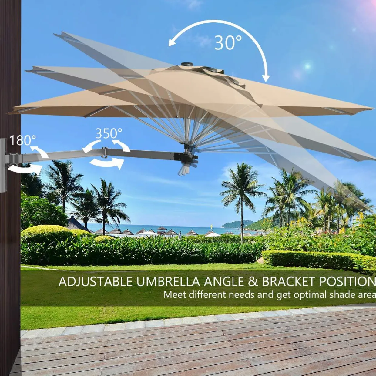 Tangkula 8 FT Wall Mounted Patio Umbrella, Outdoor Wall Umbrella with Adjustable Pole