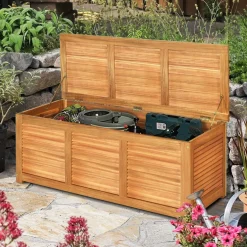 Tangkula 47 Gallon Acacia Wood Deck Box, Garden Backyard Storage Bench(Natural)