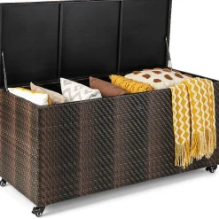 Tangkula 96 Gallon Deck Box, PE Wicker Outdoor Storage Box with 4 Wheels and Waterproof Zippered Liner
