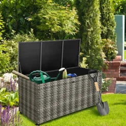 Tangkula 96 Gallon Deck Box, PE Wicker Outdoor Storage Box with 4 Wheels and Waterproof Zippered Liner