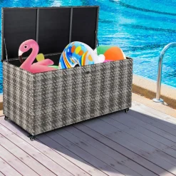 Tangkula 96 Gallon Deck Box, PE Wicker Outdoor Storage Box with 4 Wheels and Waterproof Zippered Liner