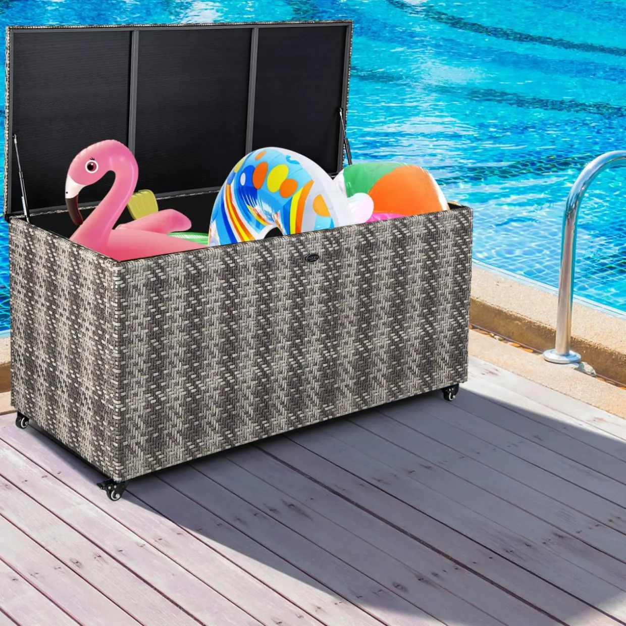 Tangkula 96 Gallon Deck Box, PE Wicker Outdoor Storage Box with 4 Wheels and Waterproof Zippered Liner