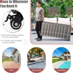 Tangkula 96 Gallon Deck Box, PE Wicker Outdoor Storage Box with 4 Wheels and Waterproof Zippered Liner