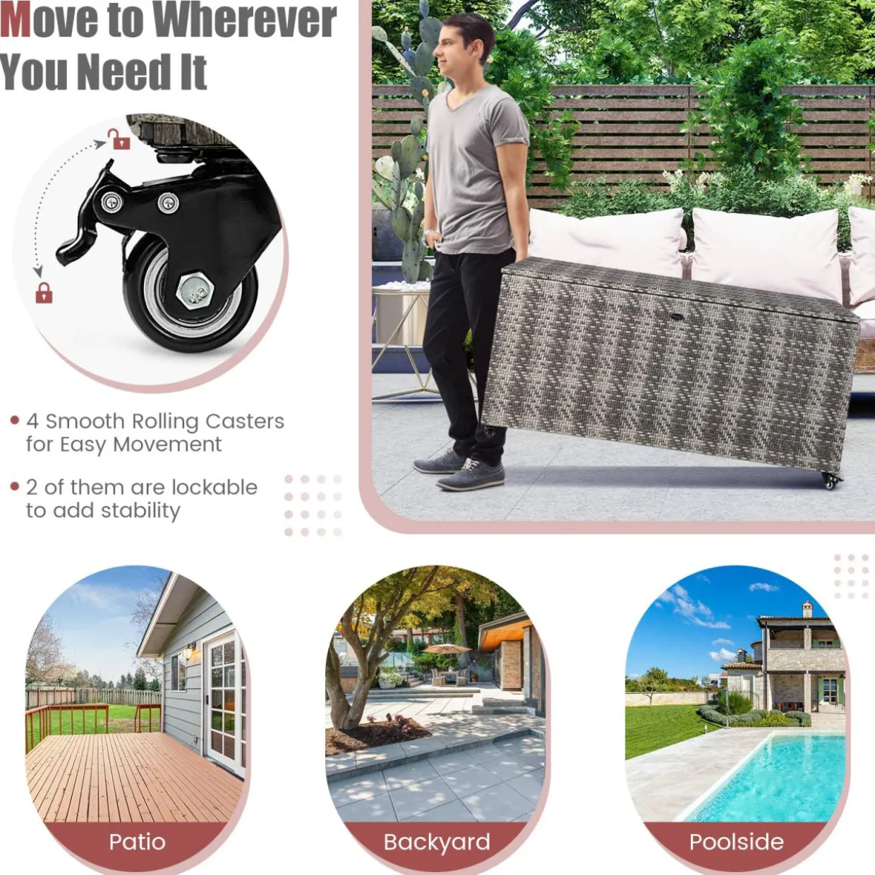 Tangkula 96 Gallon Deck Box, PE Wicker Outdoor Storage Box with 4 Wheels and Waterproof Zippered Liner