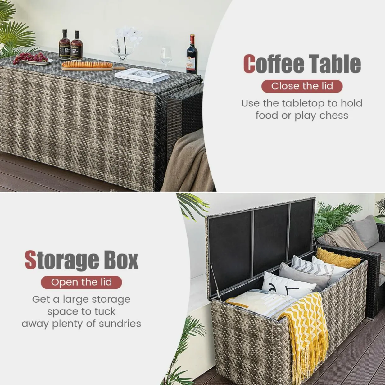 Tangkula 96 Gallon Deck Box, PE Wicker Outdoor Storage Box with 4 Wheels and Waterproof Zippered Liner