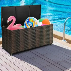 Tangkula 96 Gallon Deck Box, PE Wicker Outdoor Storage Box with 4 Wheels and Waterproof Zippered Liner