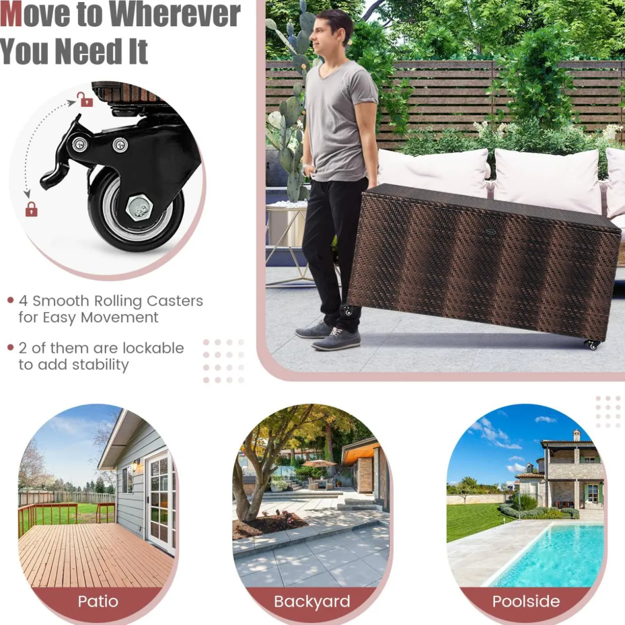 Tangkula 96 Gallon Deck Box, PE Wicker Outdoor Storage Box with 4 Wheels and Waterproof Zippered Liner