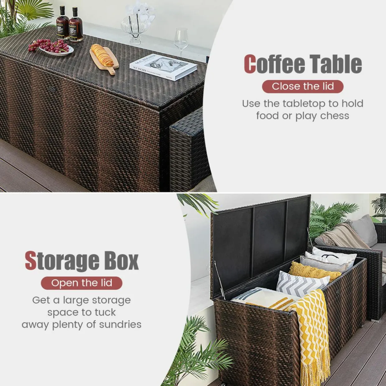 Tangkula 96 Gallon Deck Box, PE Wicker Outdoor Storage Box with 4 Wheels and Waterproof Zippered Liner
