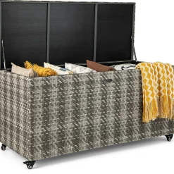 Tangkula 96 Gallon Deck Box, PE Wicker Outdoor Storage Box with 4 Wheels and Waterproof Zippered Liner