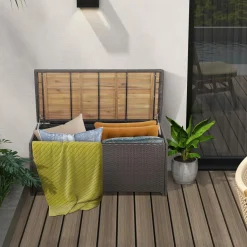 Tangkula 45 Gallon Outdoor Storage Bench, Mix Brown Rattan Storage Container with Zippered Liner