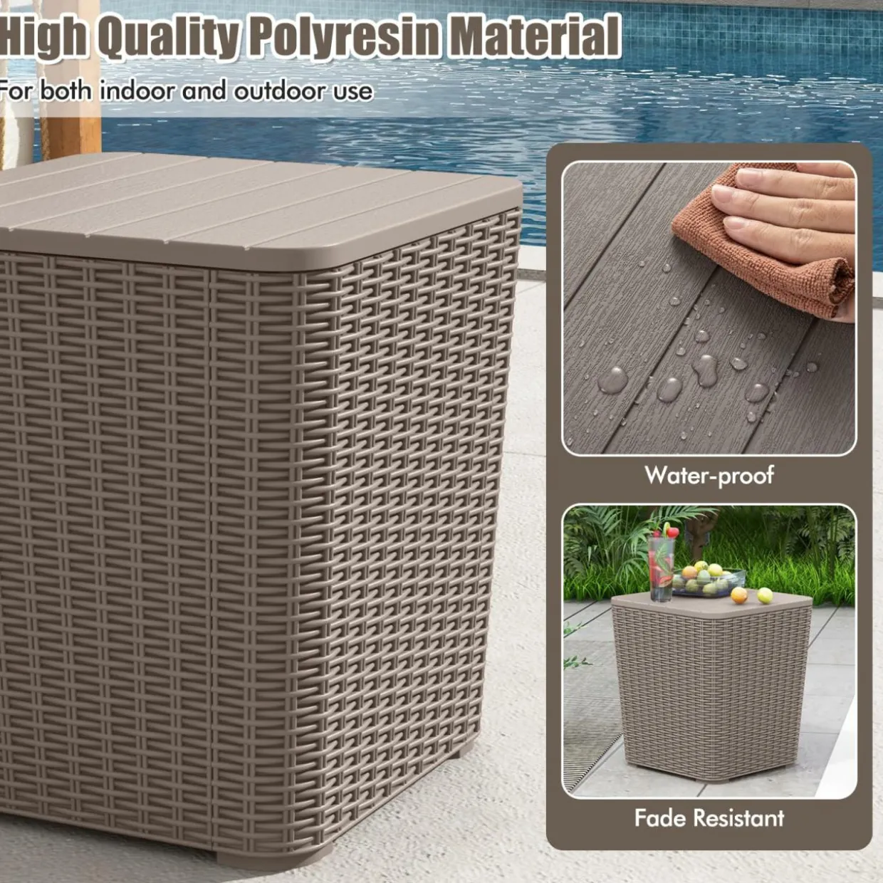 Tangkula 11.5 Gallon Water-proof Deck Box, Outdoo Patio Storage Box w/Removable Lid &, Faux Rattan Storage Container Side Table