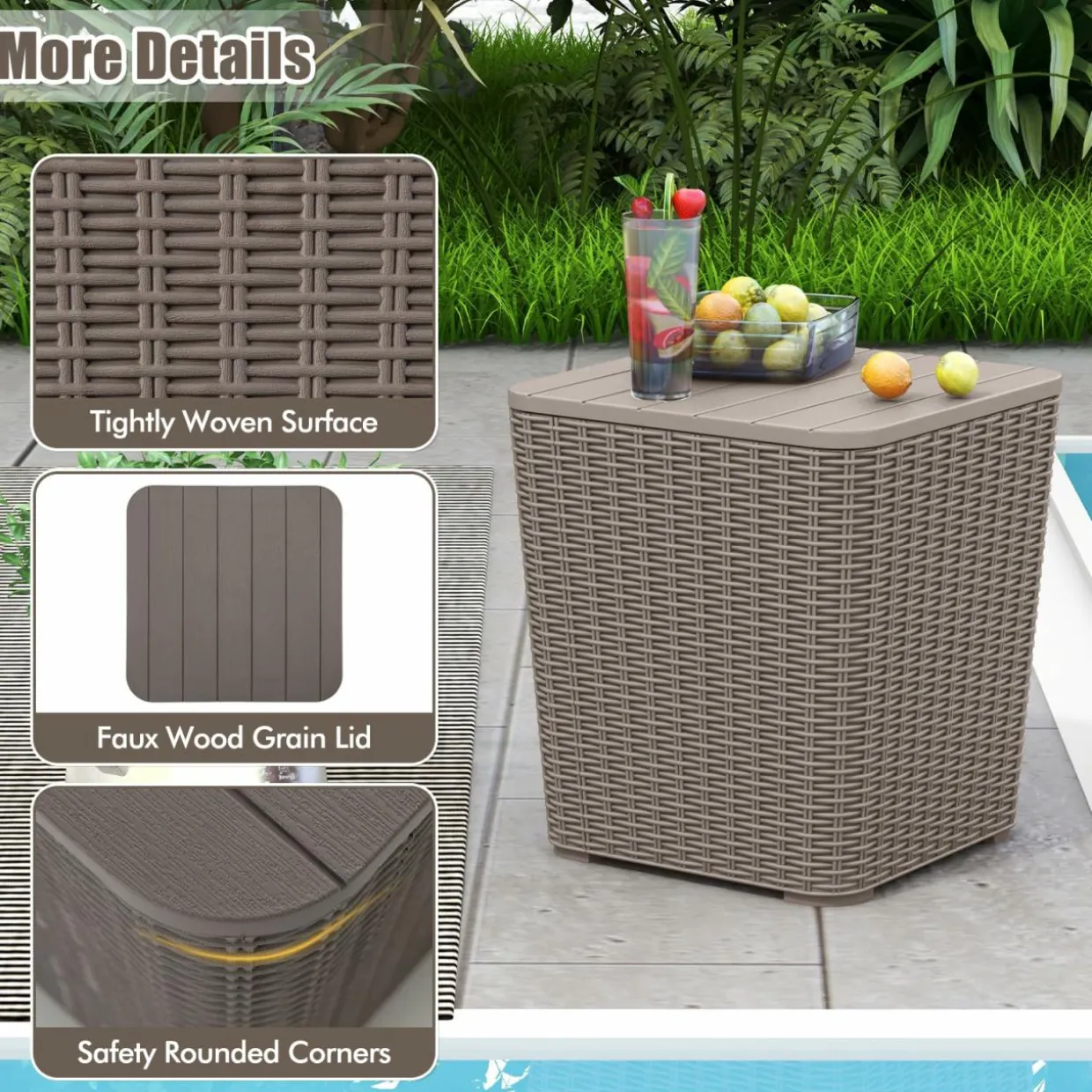 Tangkula 11.5 Gallon Water-proof Deck Box, Outdoo Patio Storage Box w/Removable Lid &, Faux Rattan Storage Container Side Table