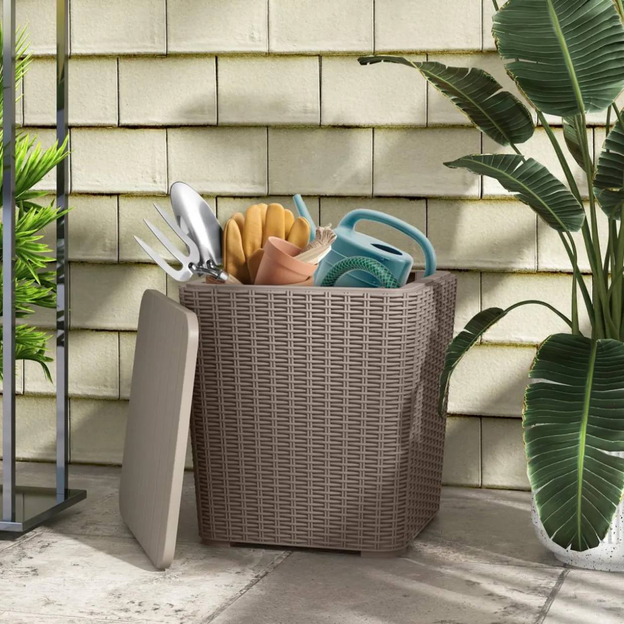 Tangkula 11.5 Gallon Water-proof Deck Box, Outdoo Patio Storage Box w/Removable Lid &, Faux Rattan Storage Container Side Table