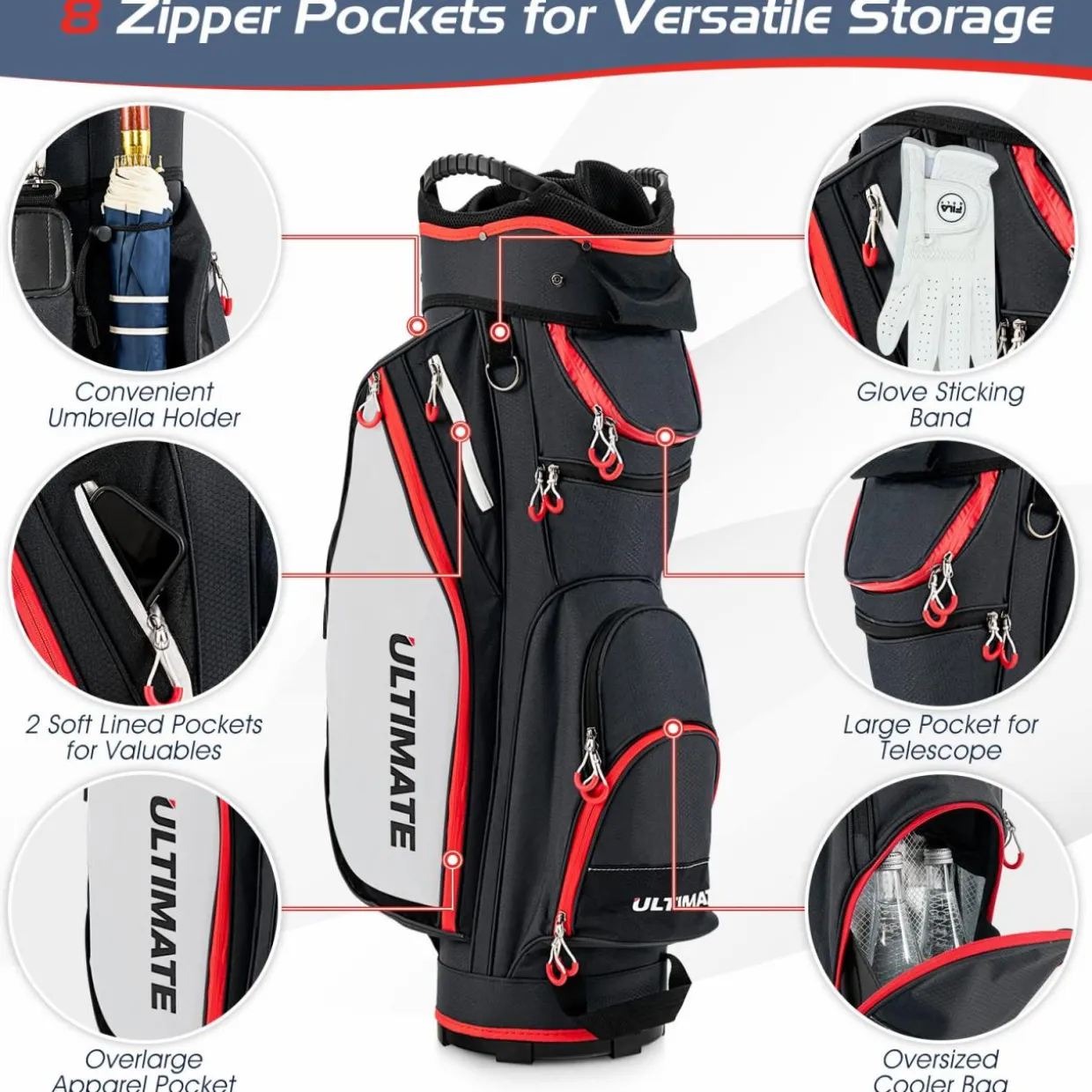 Tangkula 9.5" Golf Cart Bag, Lightweight Golf Cart Bag with 14 Way Dividers Top Organizer, 8 Pockets