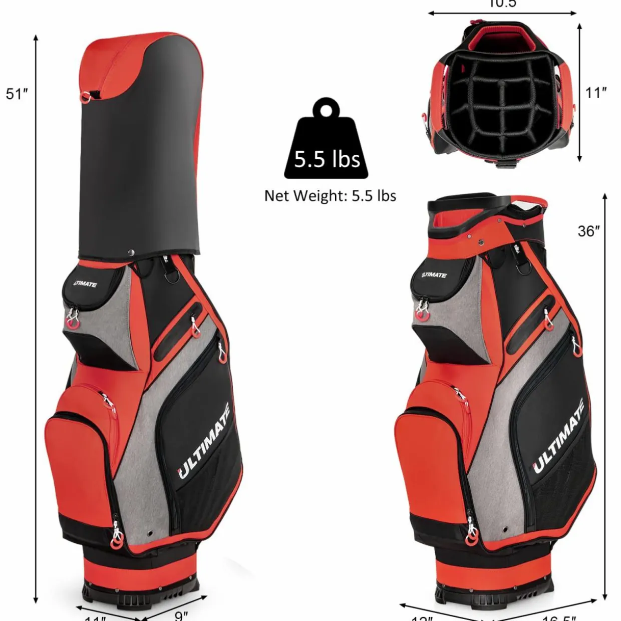 Tangkula 11" Golf Cart Bag with 14 Way Full-Length Top Dividers, Lightweight & Portable Golf Club Cart Bag with 7 Zippered Pockets