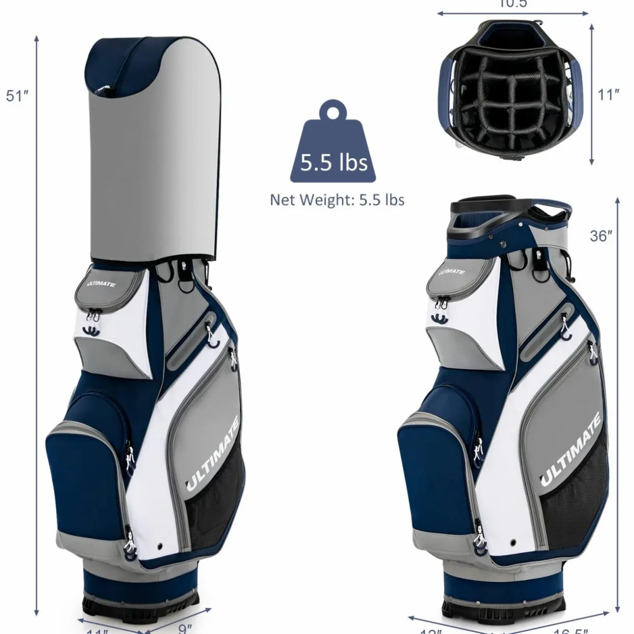 Tangkula 11" Golf Cart Bag with 14 Way Full-Length Top Dividers, Lightweight & Portable Golf Club Cart Bag with 7 Zippered Pockets