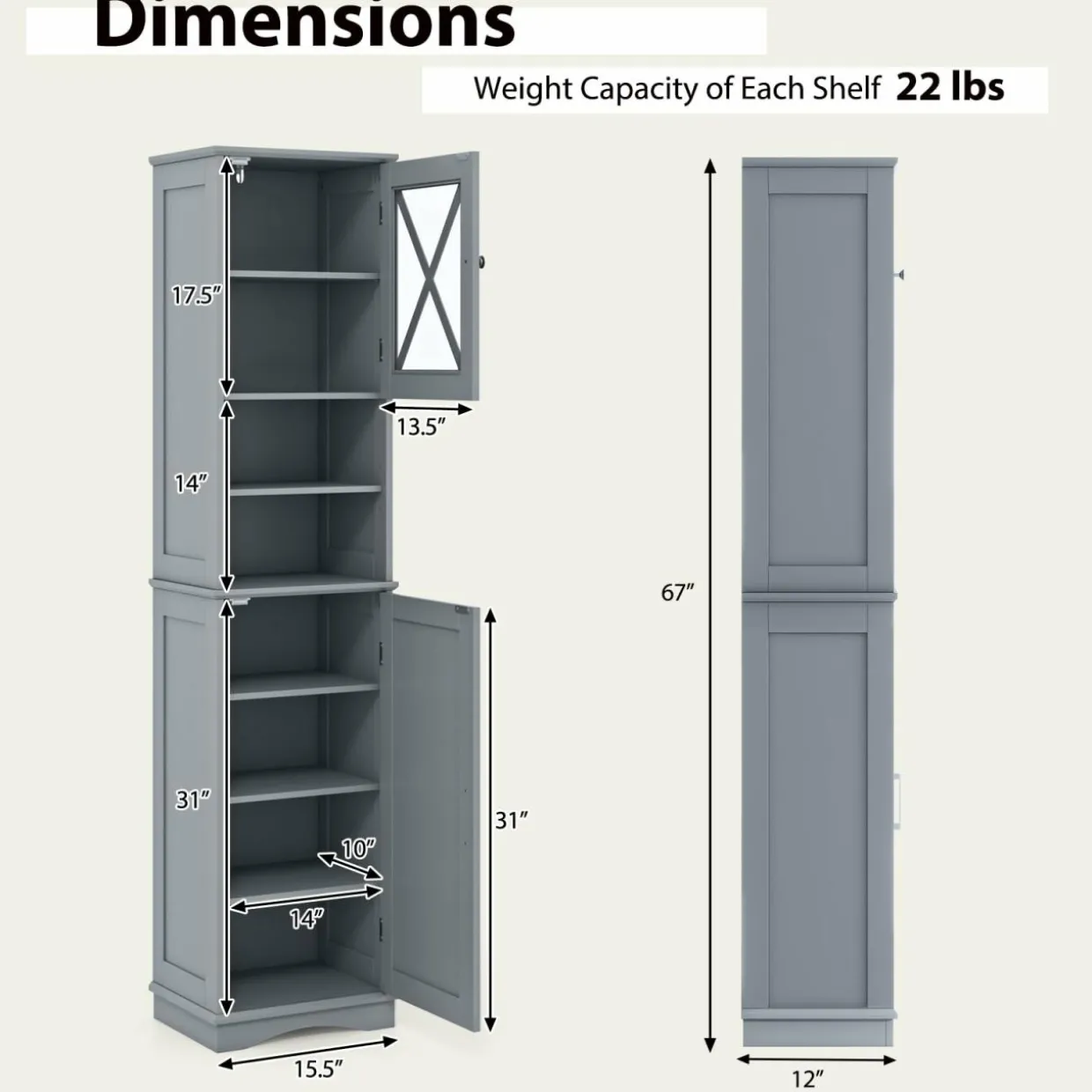 Tangkula 67" H Tall Bathroom Cabinet(15.5 x 12 x 67 Inch)