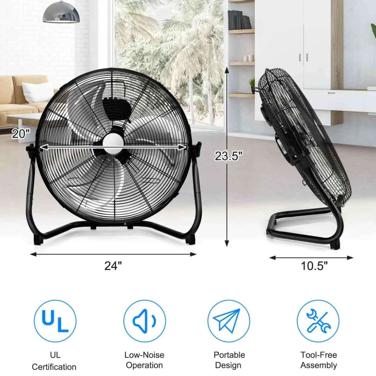 Tangkula 20" High Velocity Floor Fan, 3 Speed Fan w/ Portable Handle, Adjustable Tilt Angle