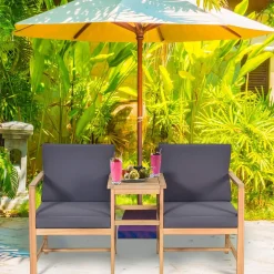 Tangkula 3 in 1 Acacia Wood Loveseat with Separable Coffee Table, 3-Piece Wooden Chairs Set with Cushions