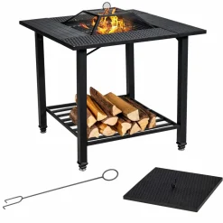 Tangkula 4 in 1 Outdoor Fire Pit, Heavy Duty Metal Square Wood Burning Fire Pit with Spark Screen Cover