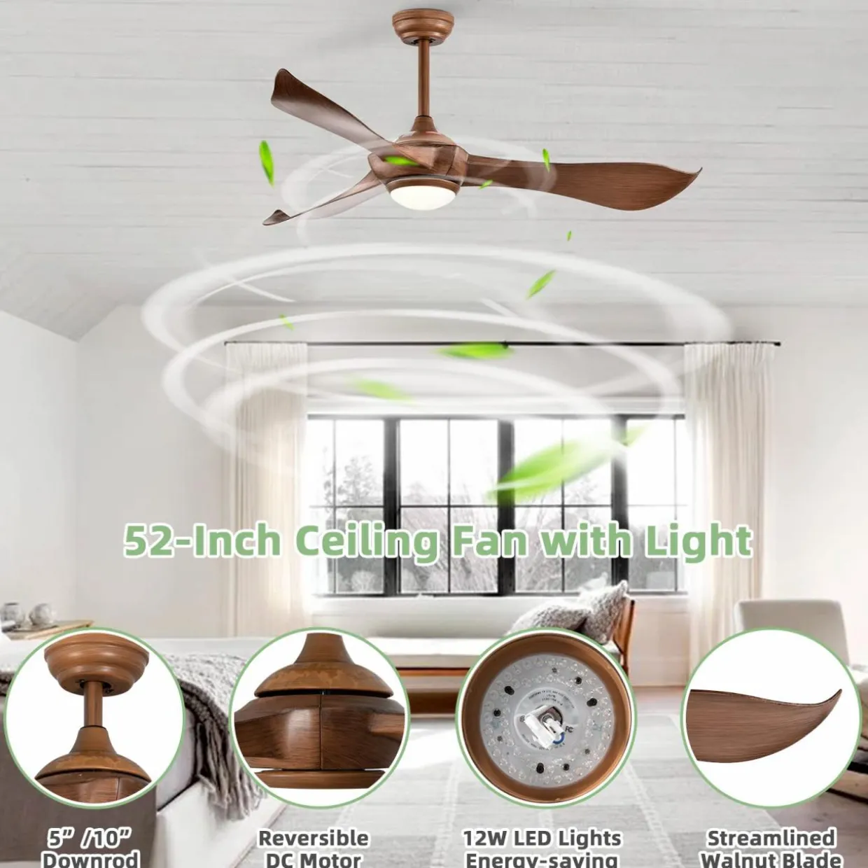 Tangkula 52 Inch Ceiling Fan with Light, Modern Ceiling Fan with 6 Wind Speeds