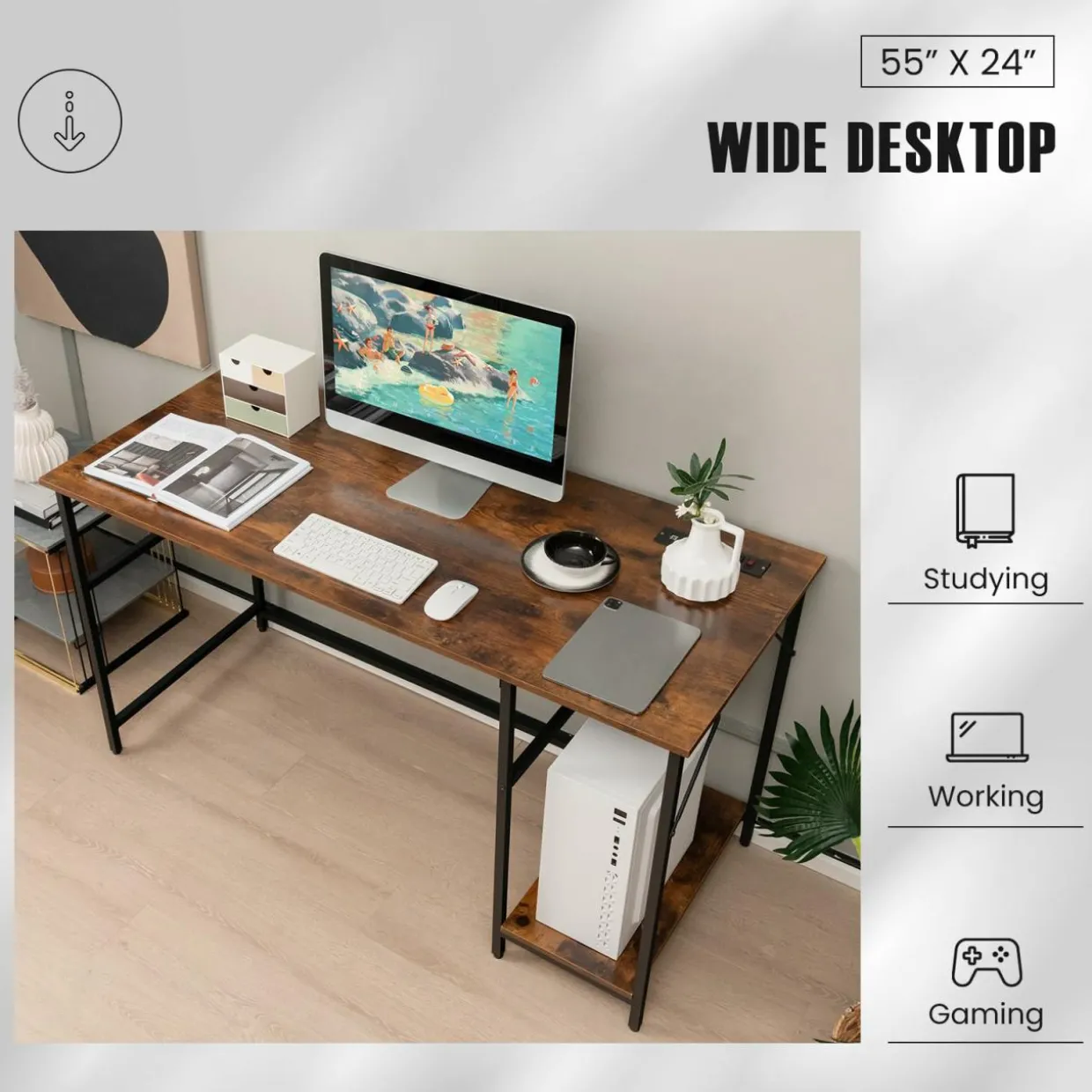 Tangkula 55 Inch Computer Desk with 4 Power Outlets & 2 USB Ports