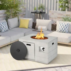 Tangkula 35 Inch Concrete Propane Gas Fire Pit Table, Patiojoy Square Outdoor Propane Fire Table with Protective Cover Lava Rocks & Metal Lid