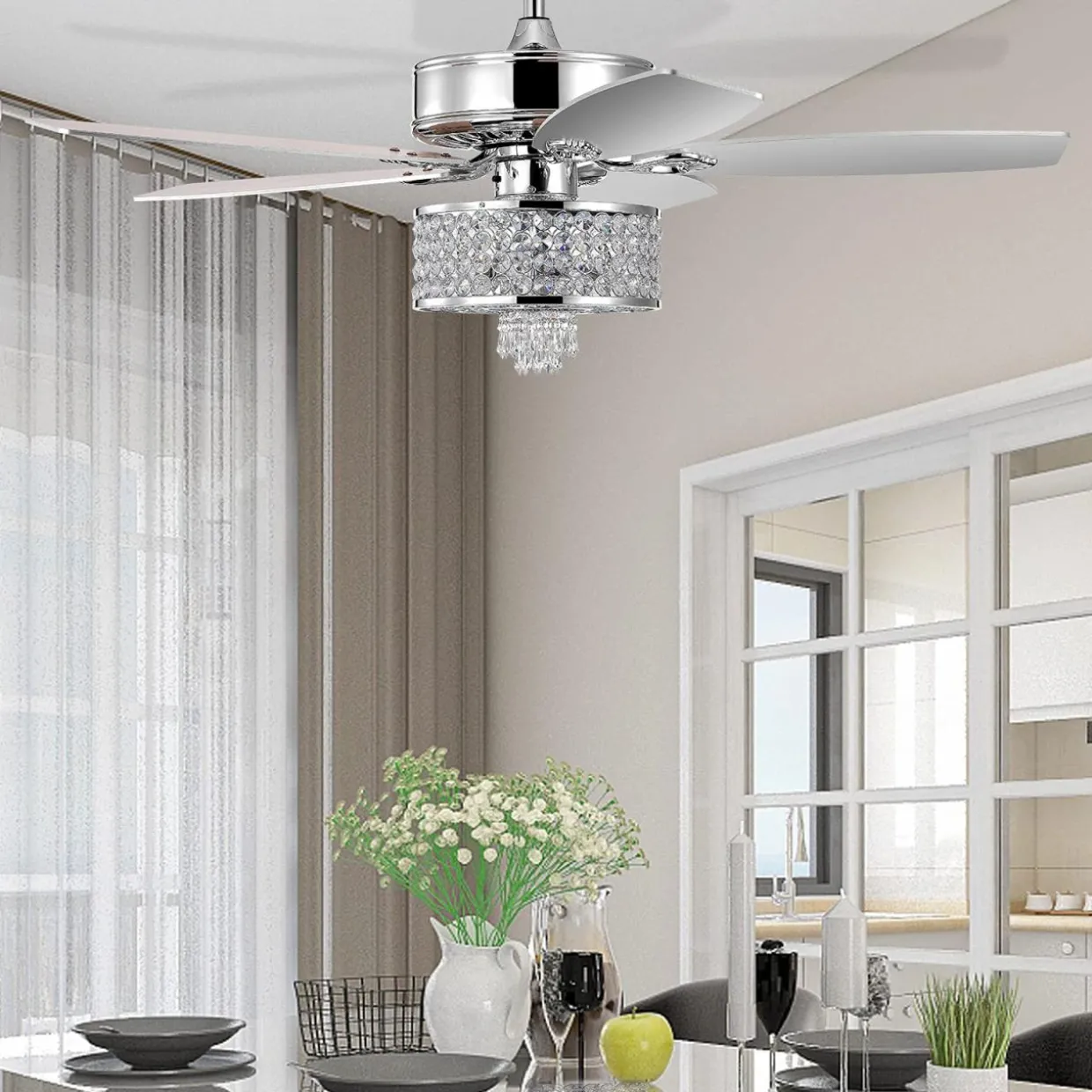 Tangkula 50 Inch Crystal Ceiling Fan with Lights & Remote Control, Modern Electrical Fan with 5 Wood Reversible Blades, 8H Timer