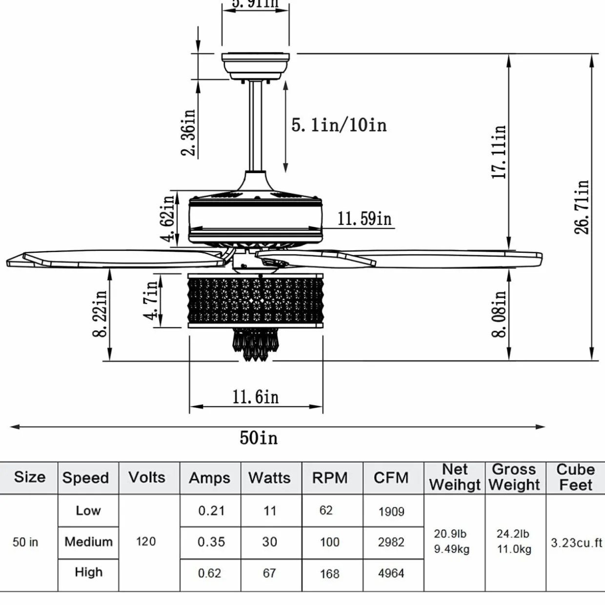 Tangkula 50 Inch Crystal Ceiling Fan with Lights & Remote Control, Modern Electrical Fan with 5 Wood Reversible Blades, 8H Timer