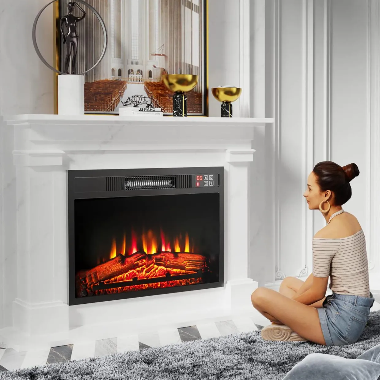 Tangkula 23 inch Electric Fireplace Insert, Recessed Fireplace w/ 3 LED Realistic Flame Effects