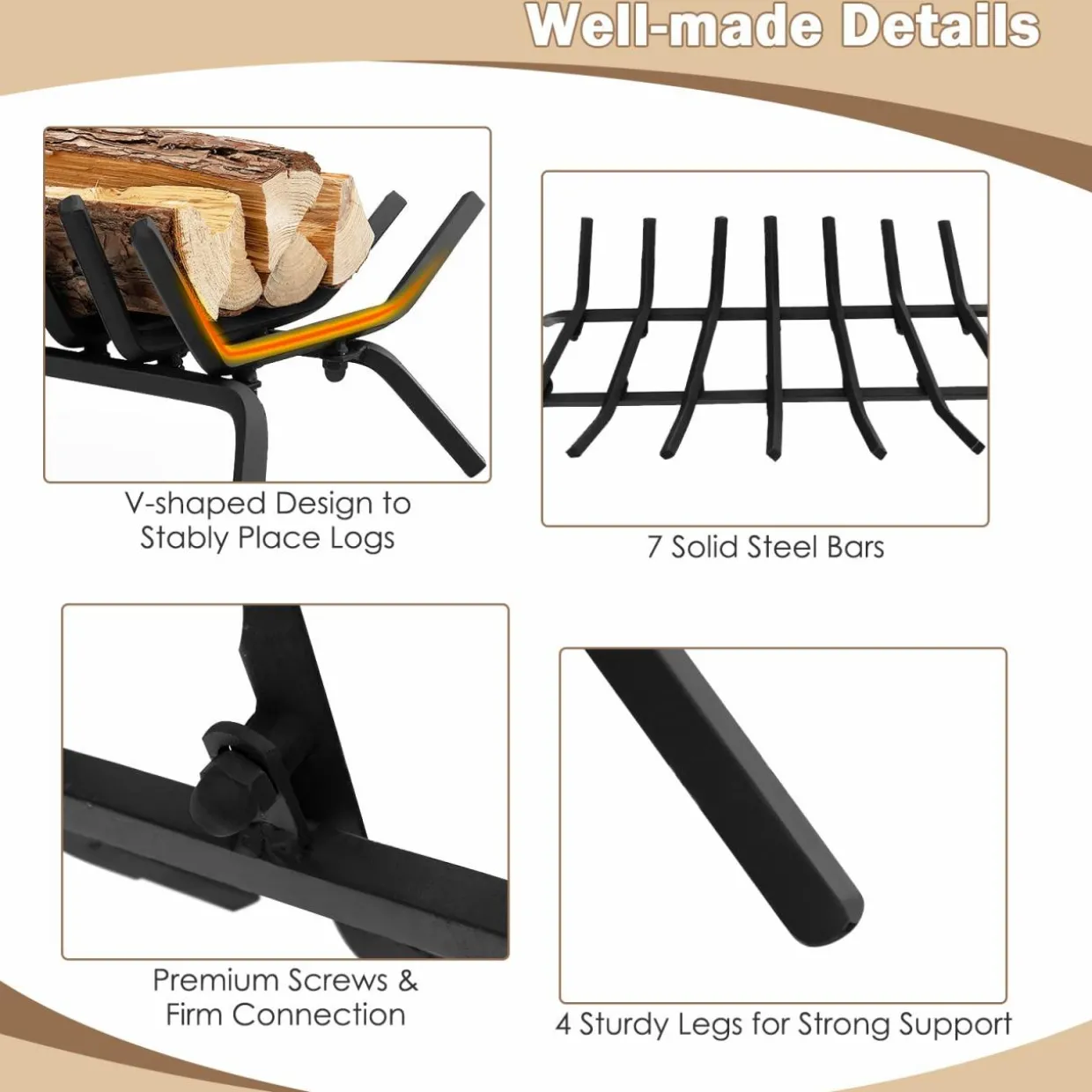 Tangkula 31 Inch Fireplace Grate, 7 Bar Solid Steel Fireplace Log Holder for Indoor Chimney Hearth & Outdoor Fire Pit Camping