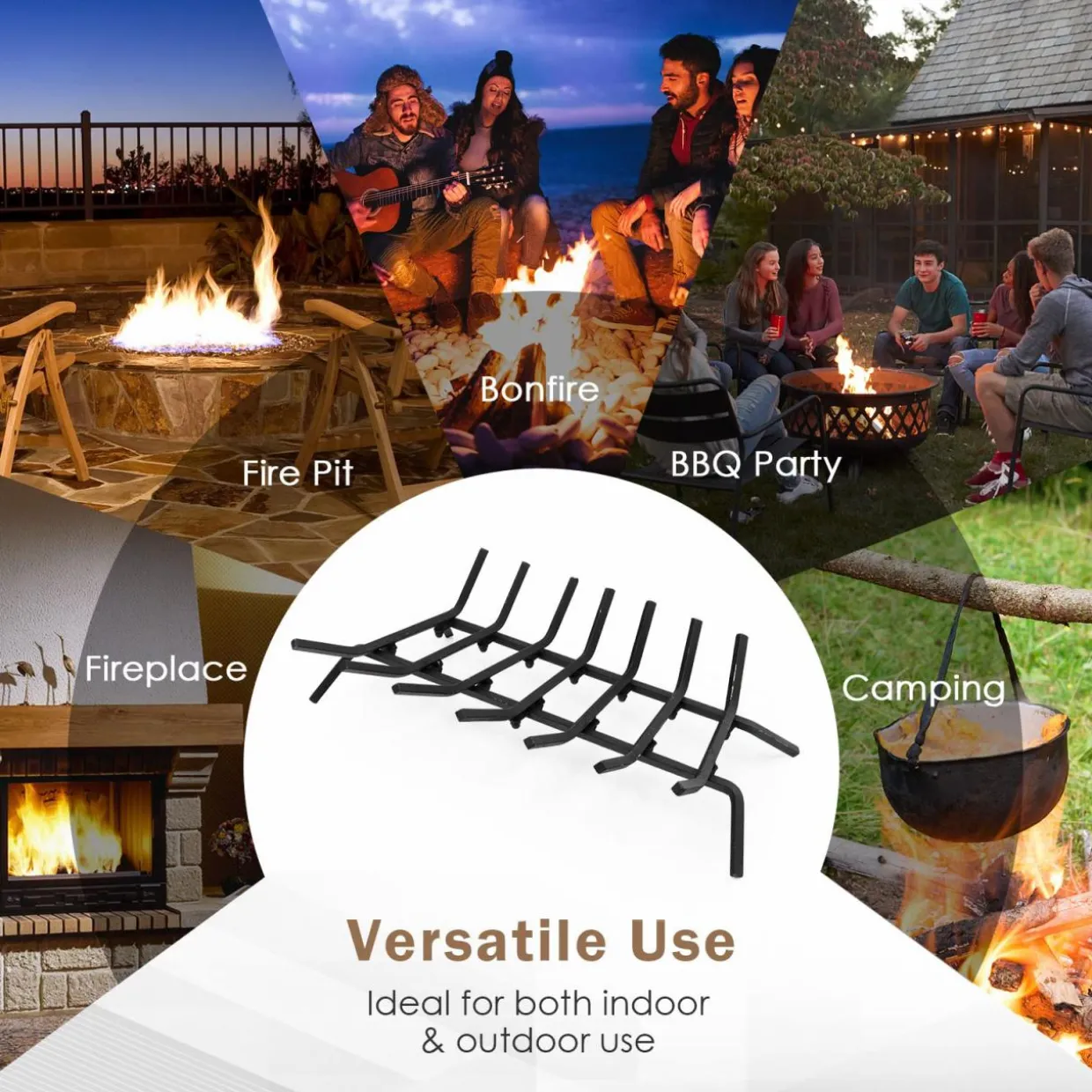 Tangkula 31 Inch Fireplace Grate, 7 Bar Solid Steel Fireplace Log Holder for Indoor Chimney Hearth & Outdoor Fire Pit Camping