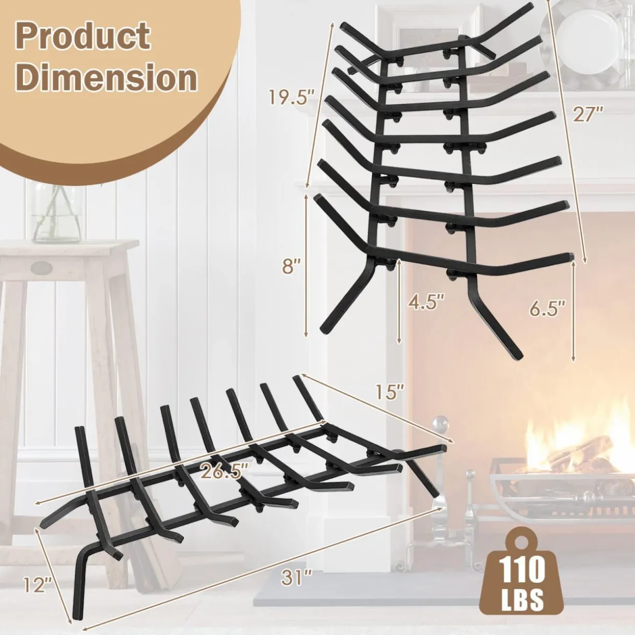 Tangkula 31 Inch Fireplace Grate, 7 Bar Solid Steel Fireplace Log Holder for Indoor Chimney Hearth & Outdoor Fire Pit Camping
