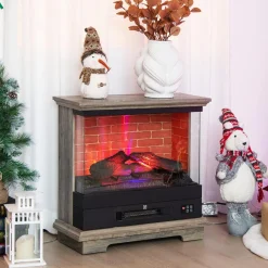 Tangkula 27 Inch Freestanding Fireplace, 1400W Electric Fireplace Heater w/3-Level Vivid Flame & Thermostat Control