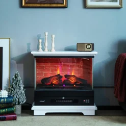 Tangkula 27 Inch Freestanding Fireplace, 1400W Electric Fireplace Heater w/3-Level Vivid Flame & Thermostat Control