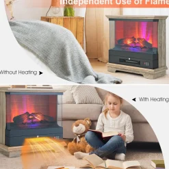 Tangkula 27 Inch Freestanding Fireplace, 1400W Electric Fireplace Heater w/3-Level Vivid Flame & Thermostat Control