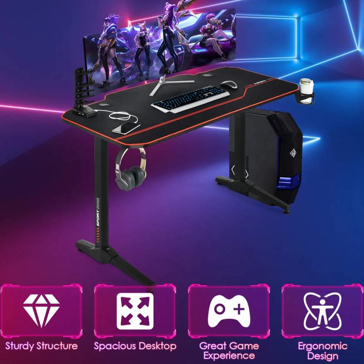 Tangkula 55 Inch Gaming Desk with Free Mouse Pad, T-Shaped Racing Computer Desk