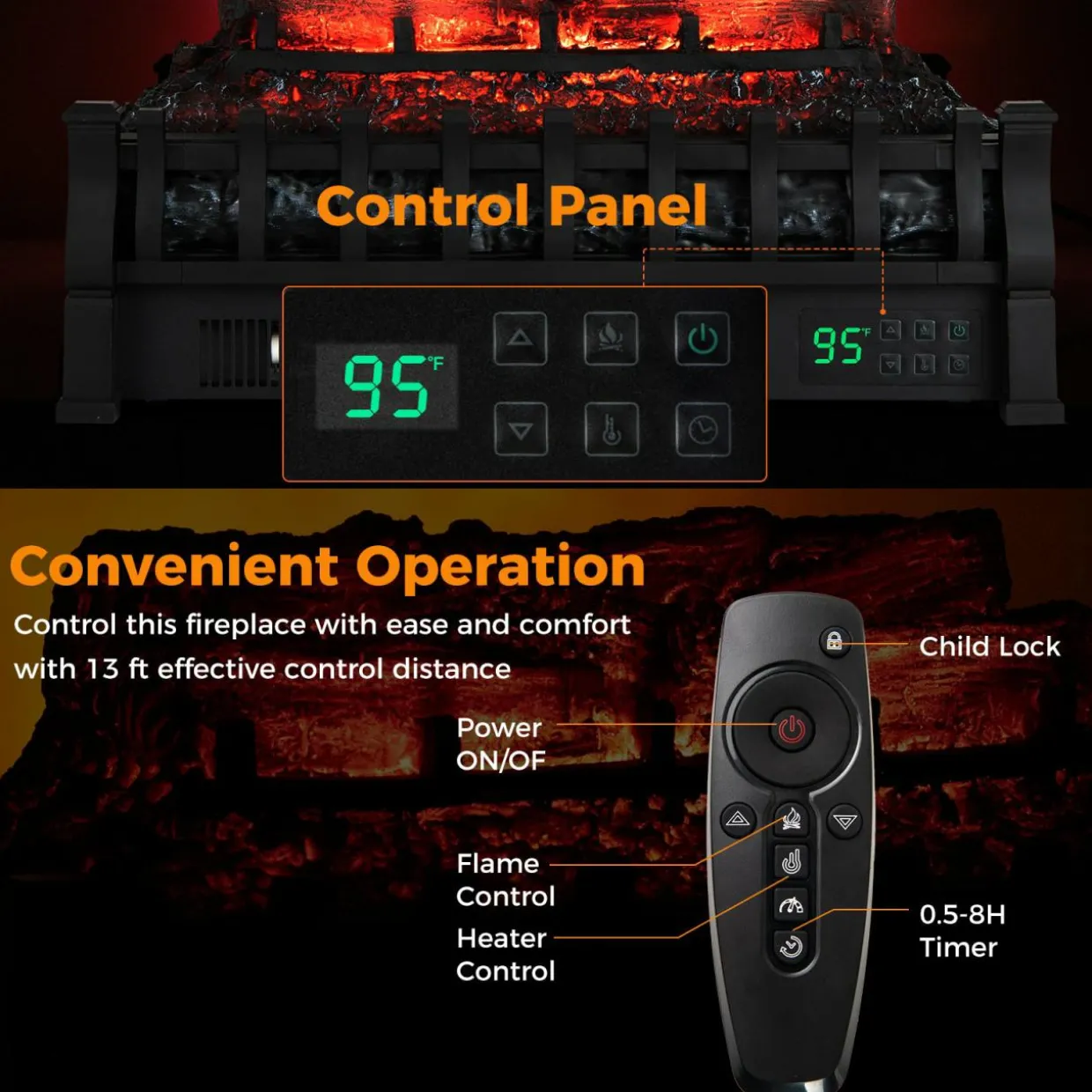 Tangkula 23 Inch Infrared Quartz Electric Fireplace Pinewood Log Heater, Fireplace Insert with Remote Control